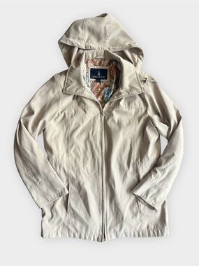 London Fog Beige Hooded Jacket Floral Lined Lightweight Spring Size M